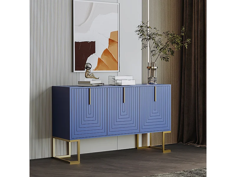 Buffet moderne 3 portes bleu marine – Étagères réglables, portes en U et socle stable, élégant et pratique pour salle à manger ou cuisine