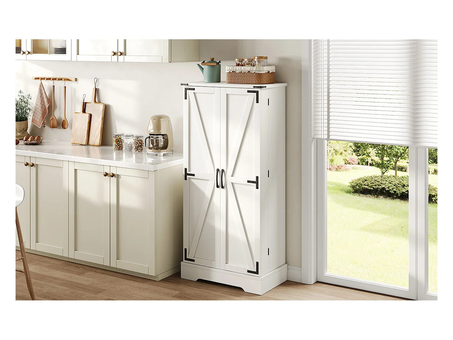 Buffet de cuisine avec LED, 2 portes battantes et étagères réglables – 128,5 cm, Meuble de rangement blanc pour salle à manger ou salon