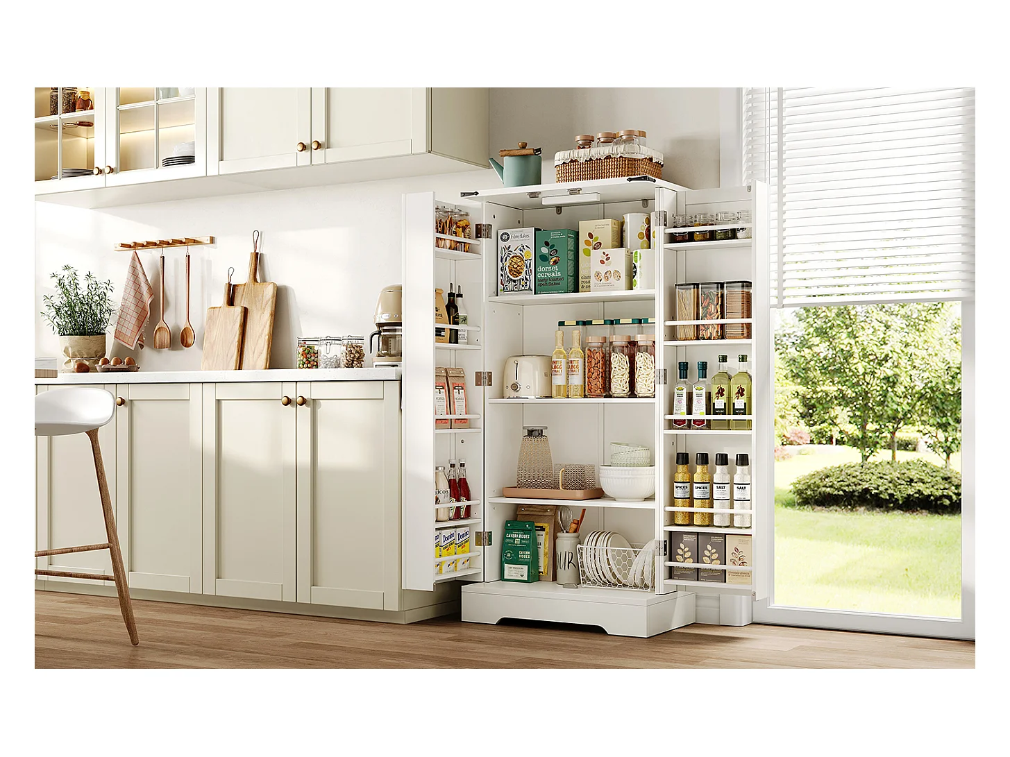 Buffet de cuisine avec LED, 2 portes battantes et étagères réglables – 128,5 cm, Meuble de rangement blanc pour salle à manger ou salon