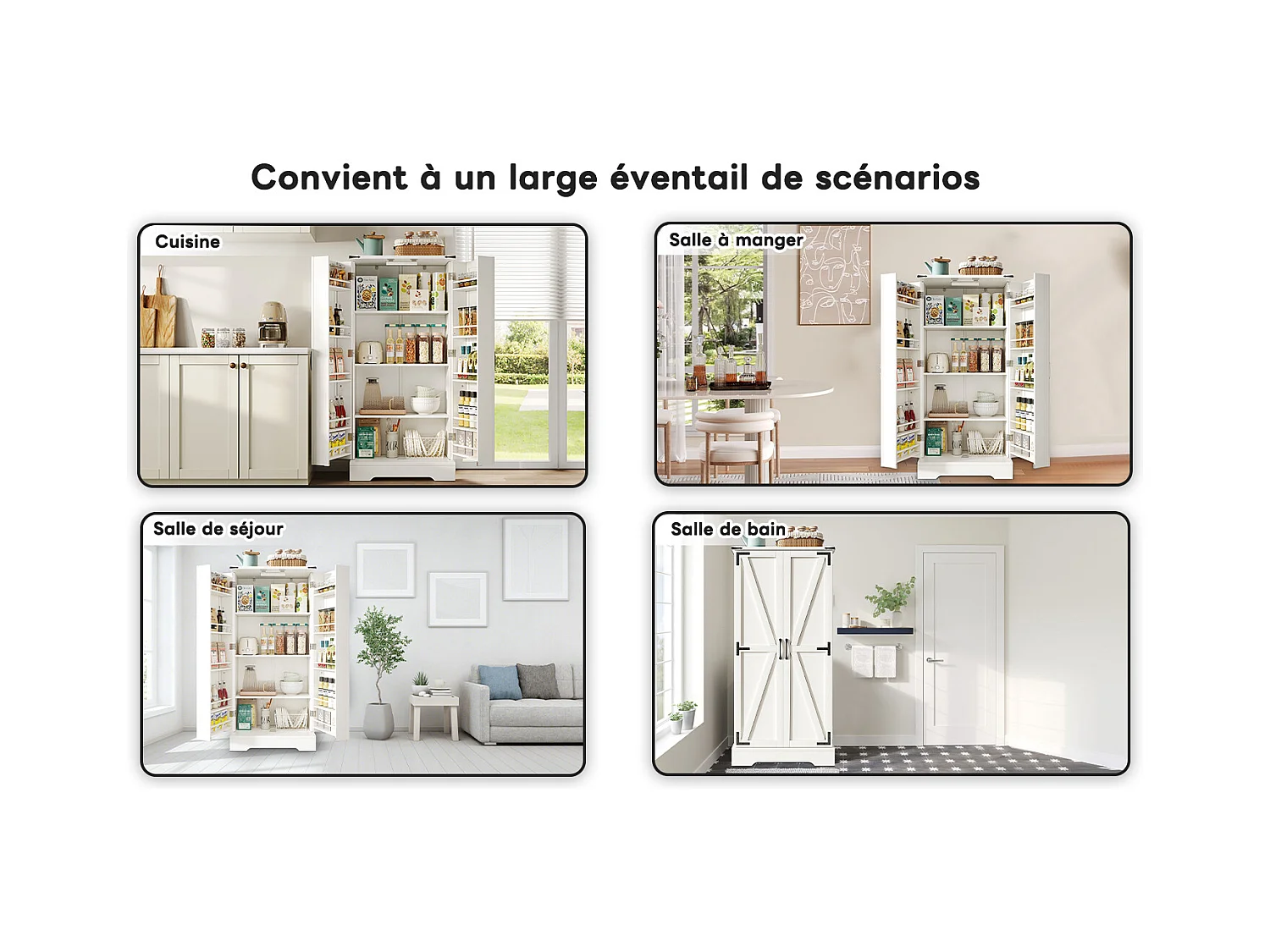 Buffet de cuisine avec LED, 2 portes battantes et étagères réglables – 128,5 cm, Meuble de rangement blanc pour salle à manger ou salon