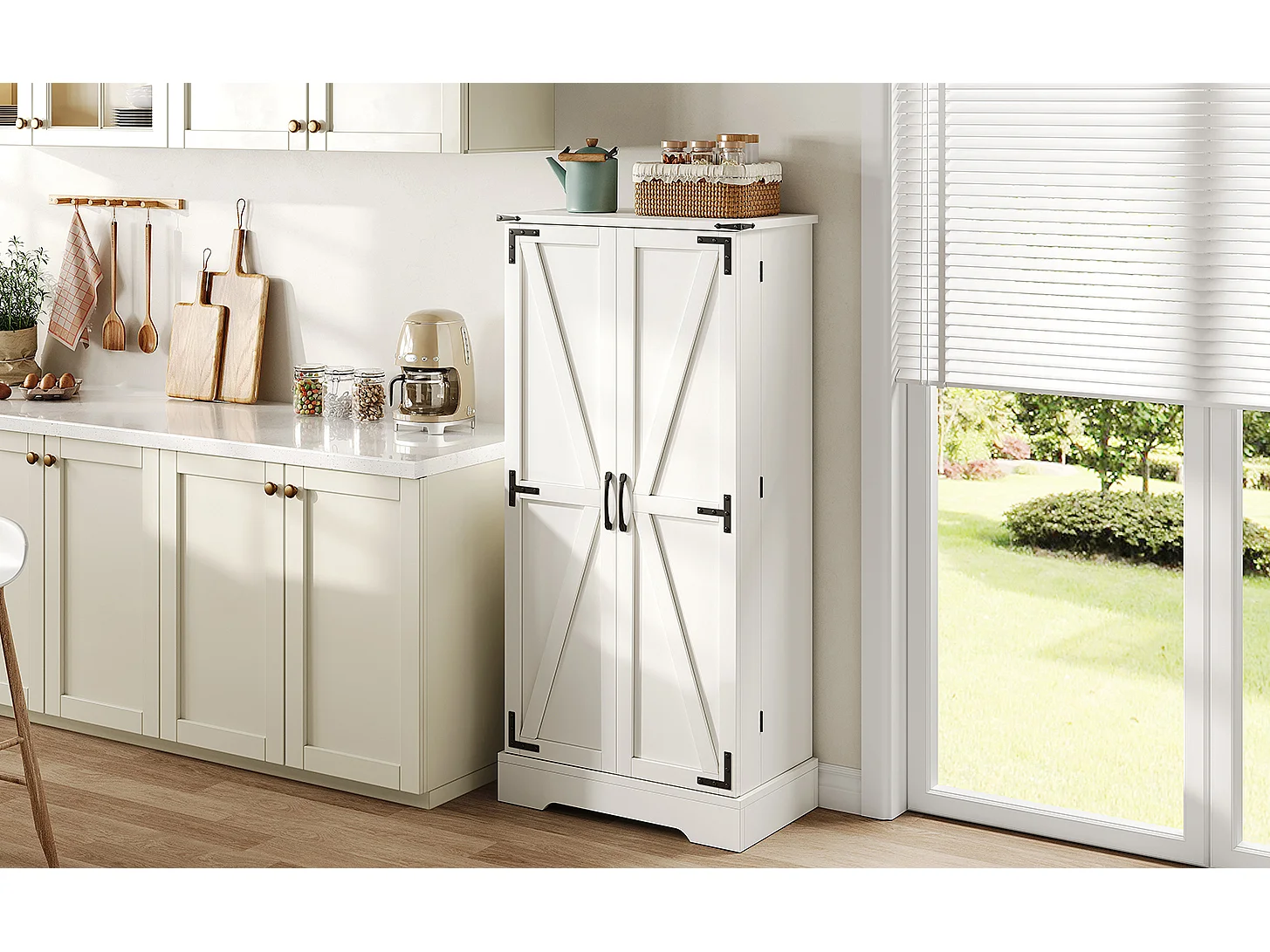 Aparador de cocina con LED, 2 puertas abatibles y estantes ajustables - 128,5 cm, mueble de almacenaje blanco para comedor o salón