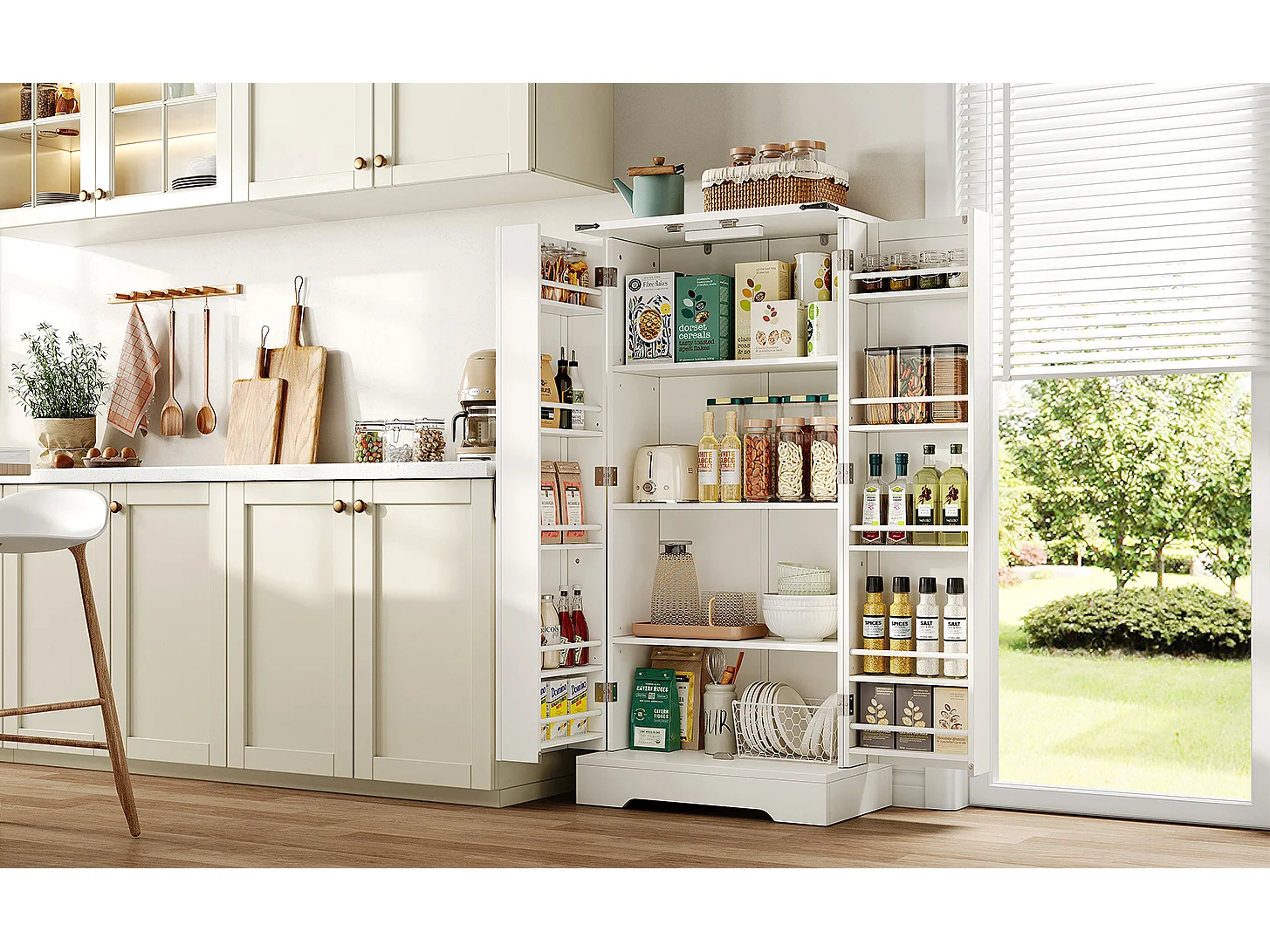 Aparador de cocina con LED, 2 puertas abatibles y estantes ajustables - 128,5 cm, mueble de almacenaje blanco para comedor o salón