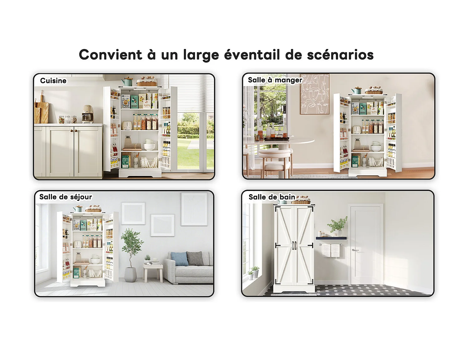 Aparador de cocina con LED, 2 puertas abatibles y estantes ajustables - 128,5 cm, mueble de almacenaje blanco para comedor o salón
