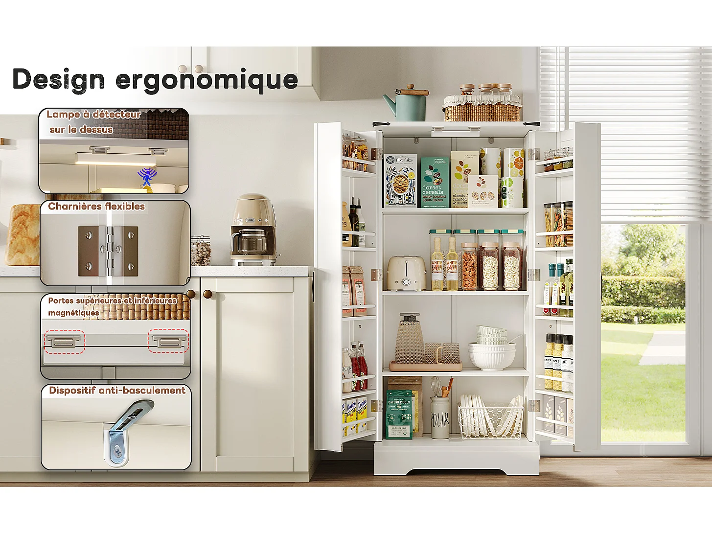 Aparador de cocina con LED, 2 puertas abatibles y estantes ajustables - 128,5 cm, mueble de almacenaje blanco para comedor o salón