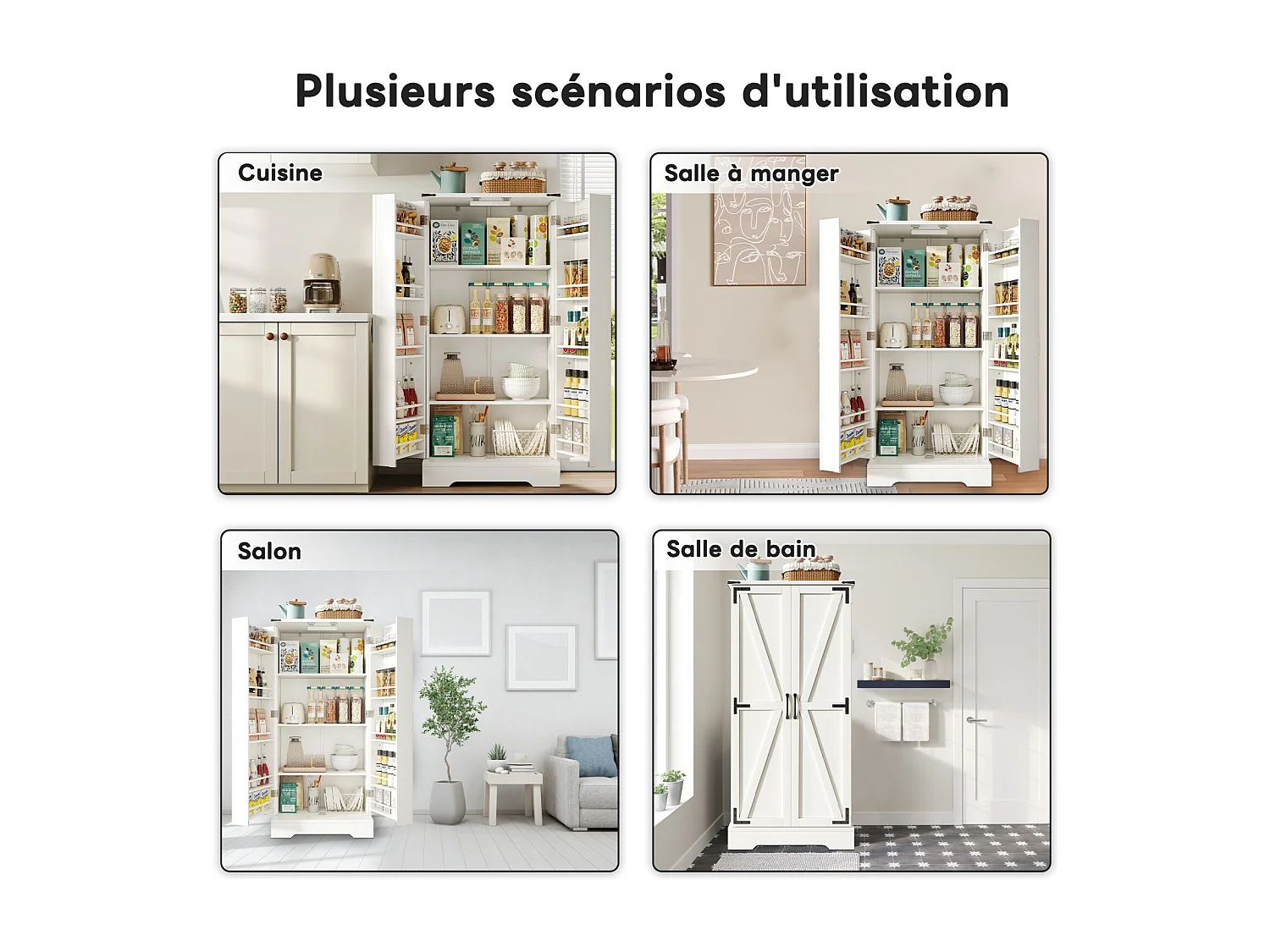 Aparador de cocina con LED, 2 puertas abatibles y estantes ajustables - 128,5 cm, mueble de almacenaje blanco para comedor o salón