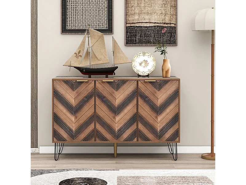 Credenza a 3 ante con ampio spazio di archiviazione, ante in legno massello impiallacciato con texture concava e convessa, piccolo mobiletto con finitura