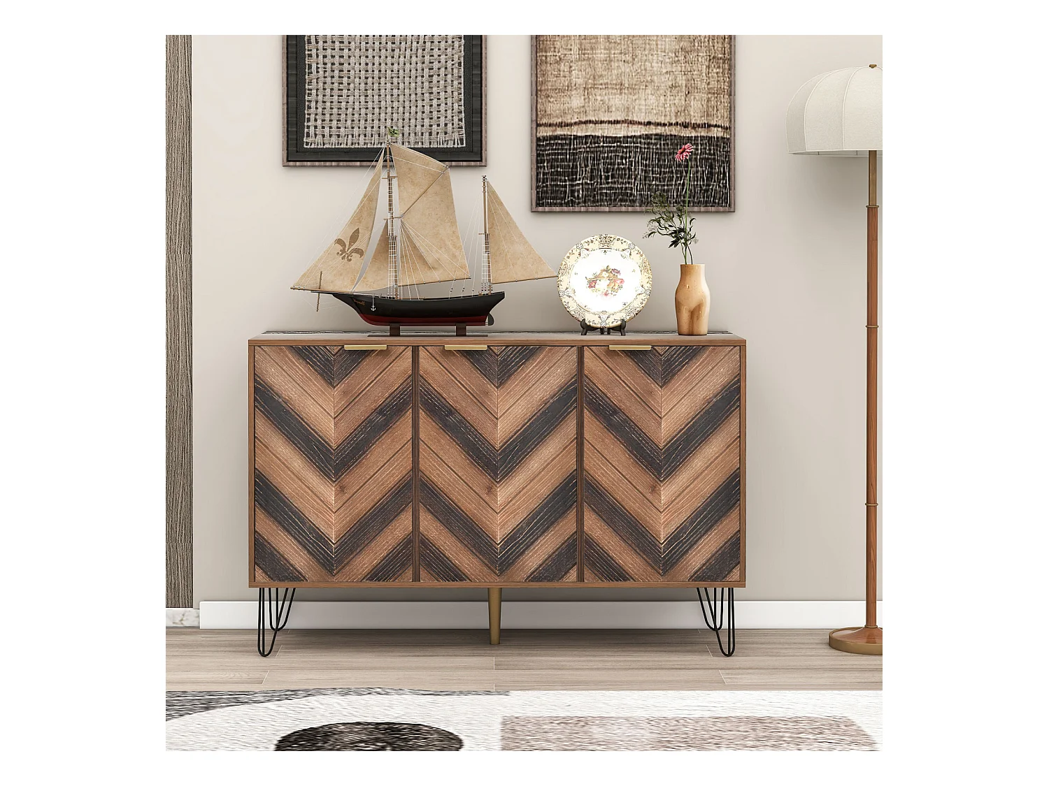 Buffet 3 portes avec grand espace de rangement, portes en placage bois massif à texture concave et convexe, Petit meuble avec finition