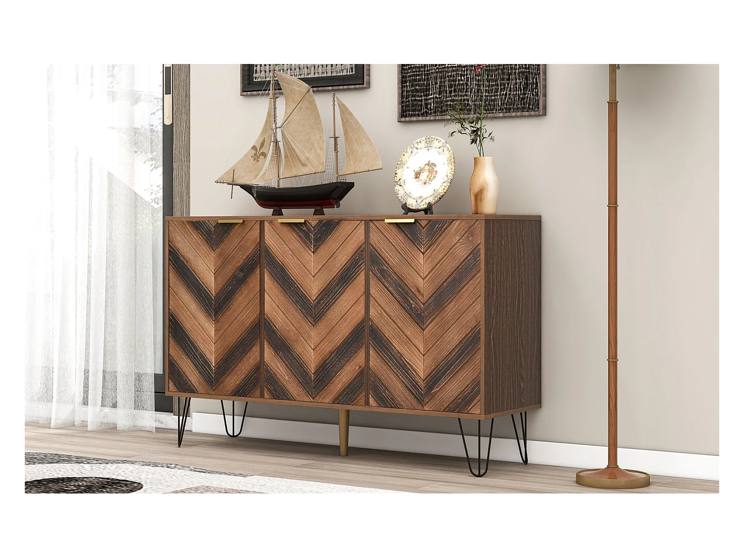 Buffet 3 portes avec grand espace de rangement, portes en placage bois massif à texture concave et convexe, Petit meuble avec finition