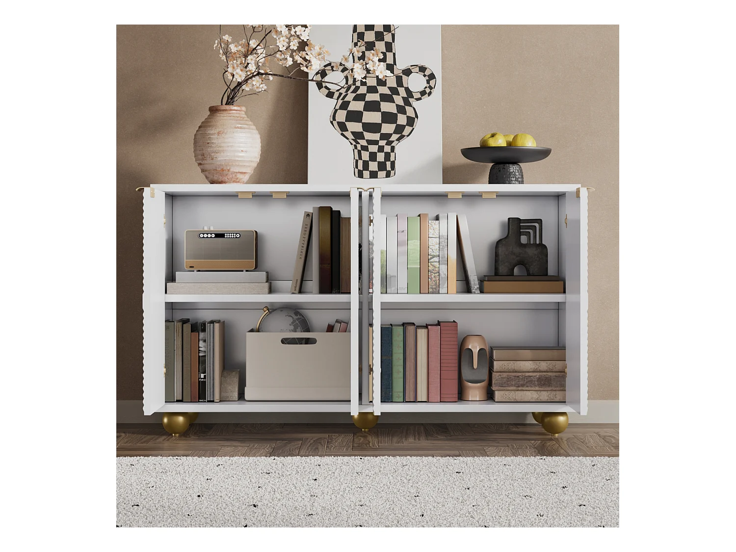 Buffet 4 portes avec étagères réglables, poignées en métal – Meuble de rangement élégant pour salon ou salle à manger