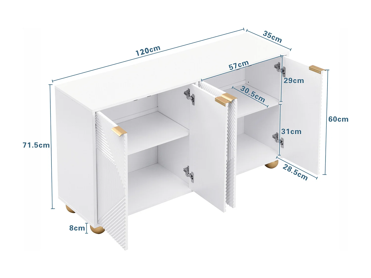 4-deurs dressoir met verstelbare planken en metalen handgrepen – Elegante opbergkast voor woonkamer of eetkamer