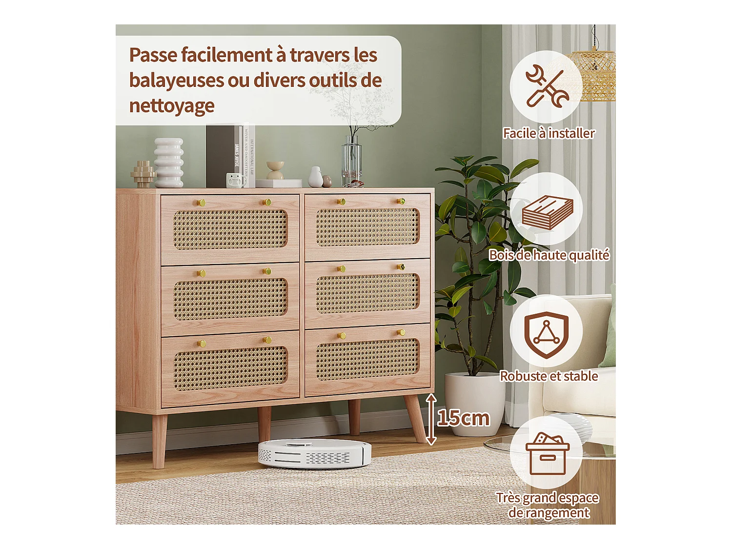 Commode 6 tiroirs en bois naturel avec façades en rotin tressé, cadre en bois massif