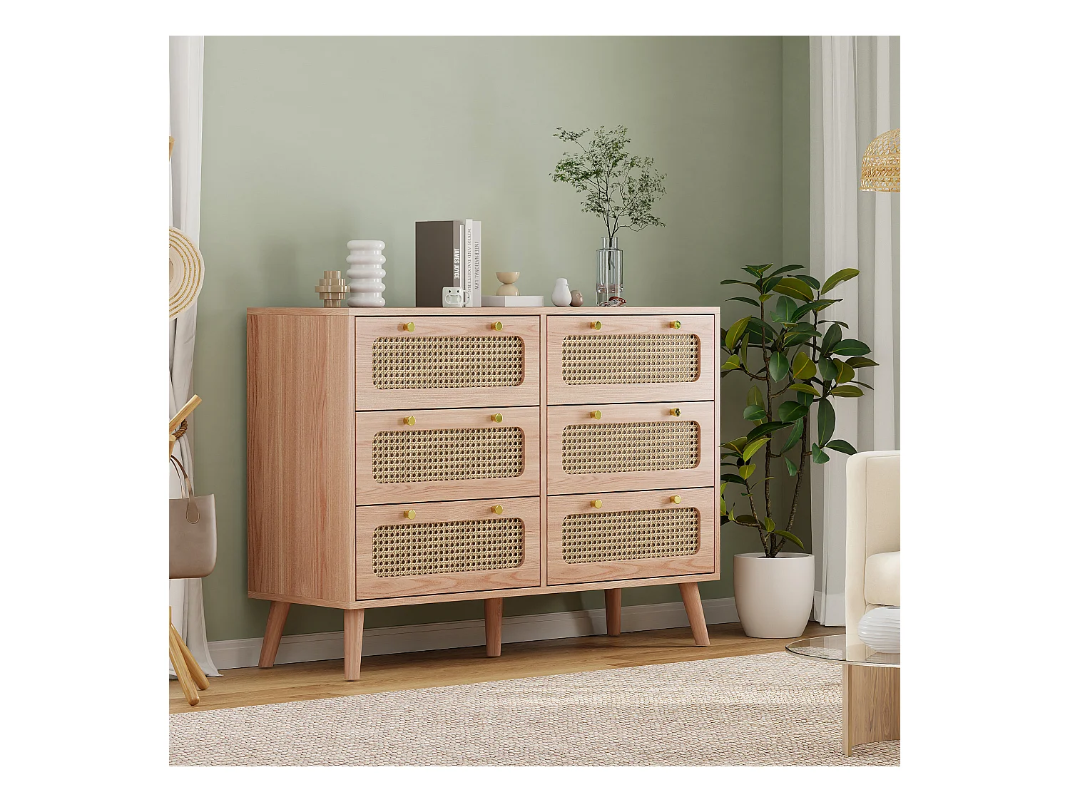 Commode 6 tiroirs en bois naturel avec façades en rotin tressé, cadre en bois massif