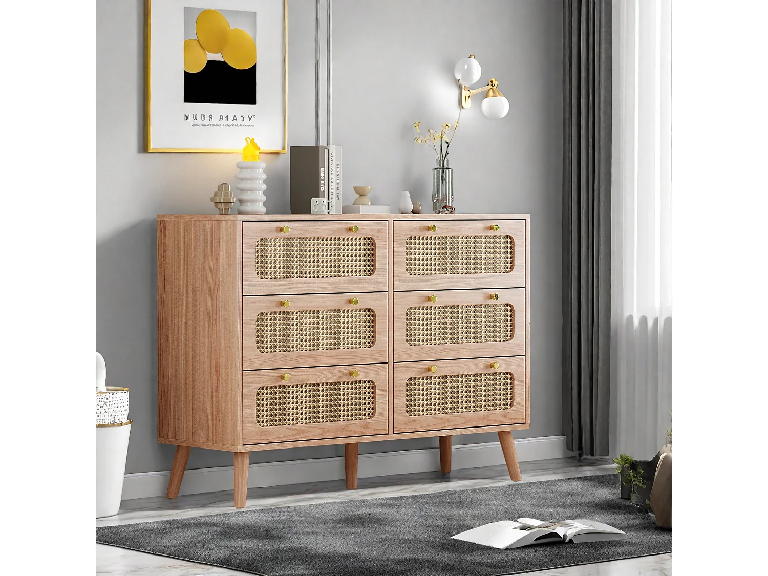 Cómoda de madera natural con 6 cajones y frentes de ratán tejido, estructura de madera maciza.