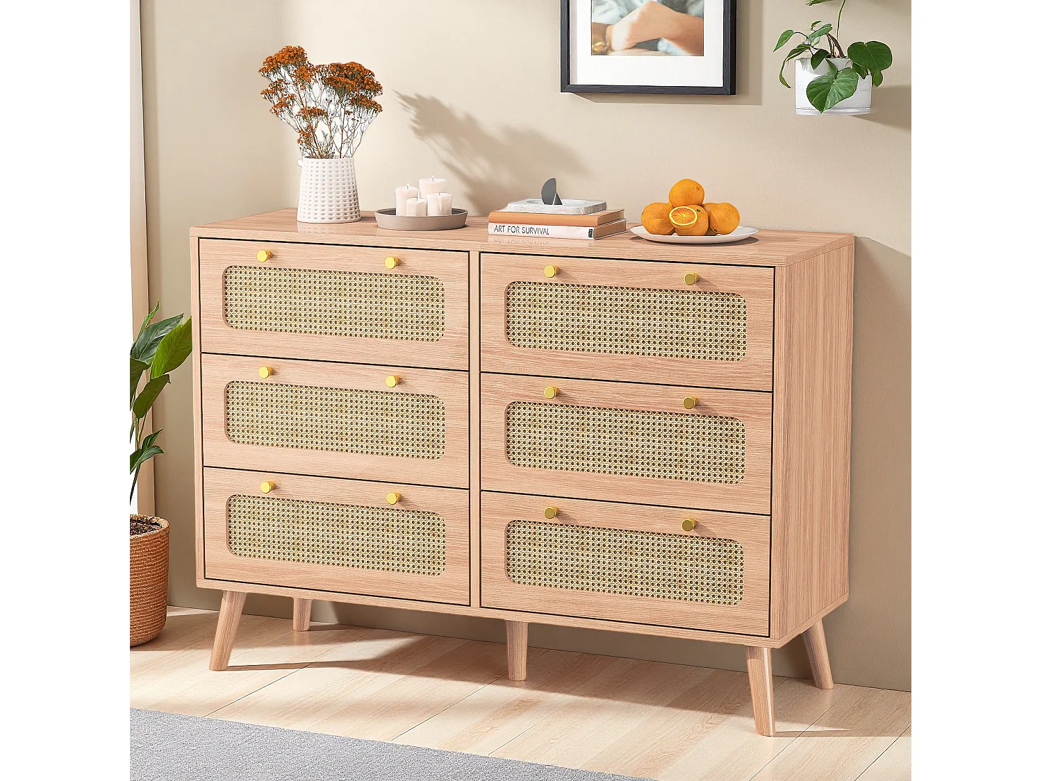 Commode 6 tiroirs en bois naturel avec façades en rotin tressé, cadre en bois massif