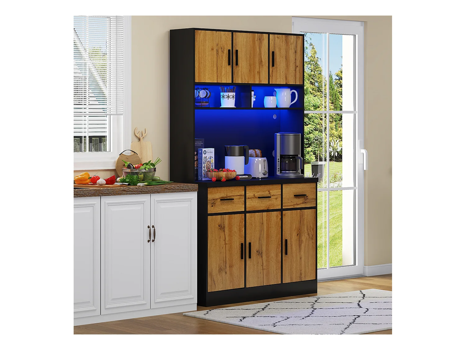 Buffet multifonction éclairage LED télécommandé, tiroirs, étagères réglables, prises – Idéal pour cuisine et salle à manger