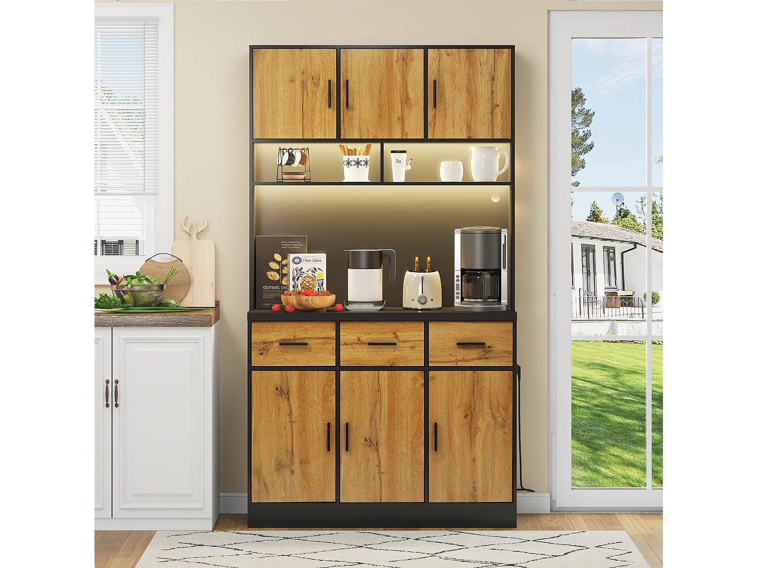 Multifunctioneel dressoir met op afstand bedienbare LED-verlichting, lades, verstelbare planken, stopcontacten – Ideaal voor keuken en eetkamer