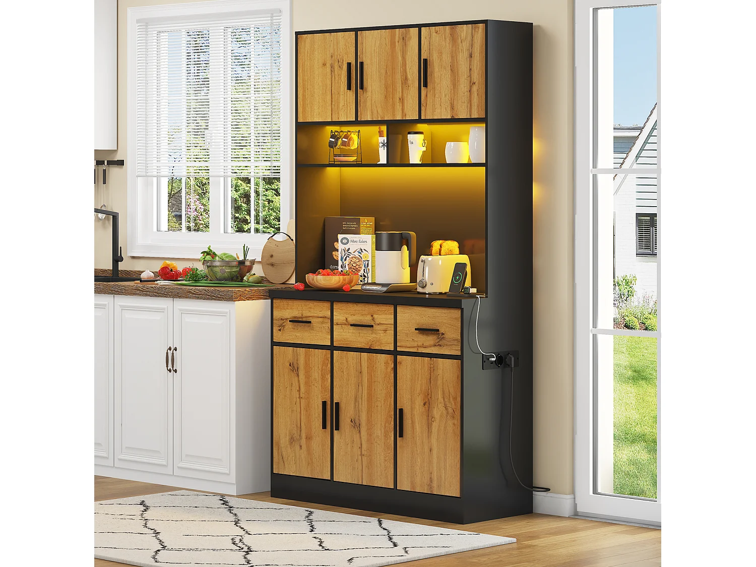 Multifunctioneel dressoir met op afstand bedienbare LED-verlichting, lades, verstelbare planken, stopcontacten – Ideaal voor keuken en eetkamer