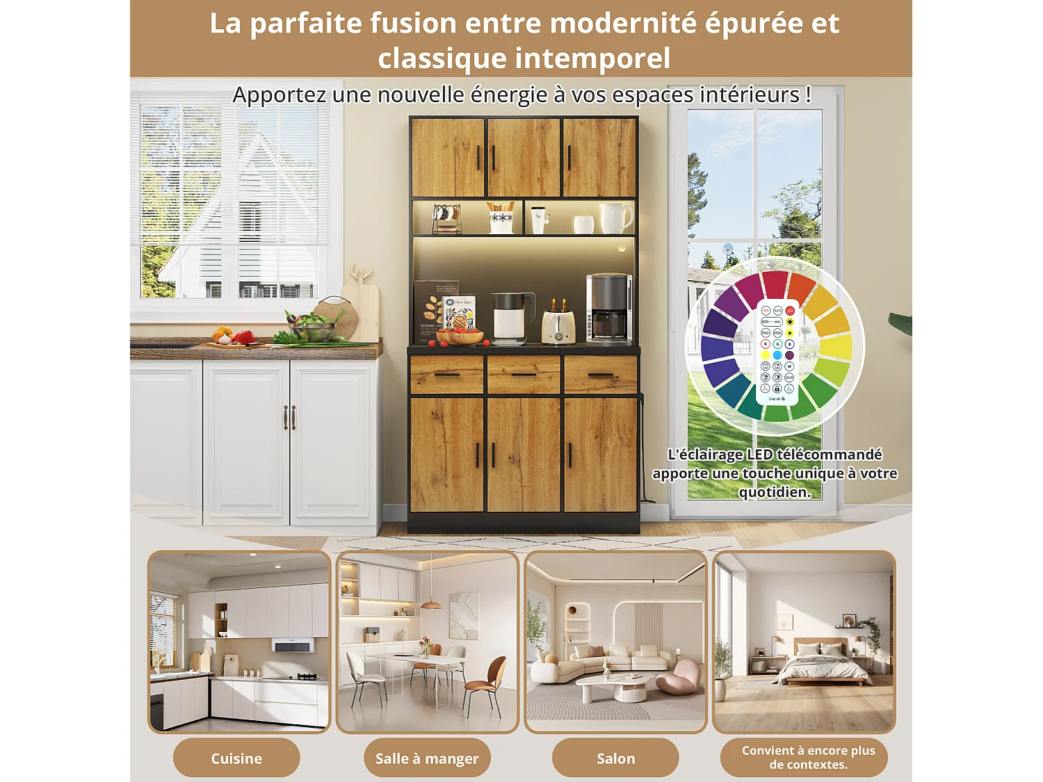 Multifunctioneel dressoir met op afstand bedienbare LED-verlichting, lades, verstelbare planken, stopcontacten – Ideaal voor keuken en eetkamer