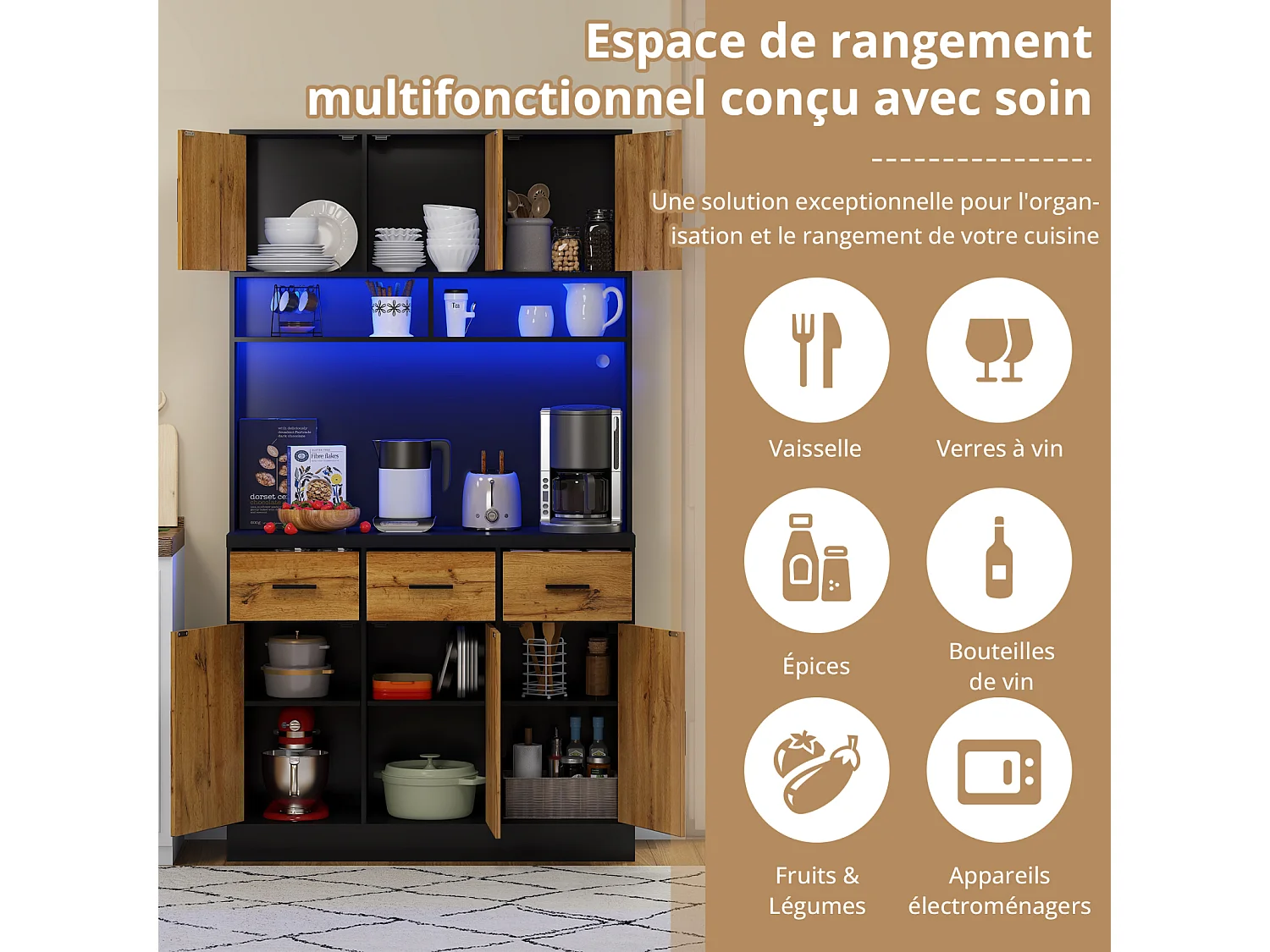 Multifunctioneel dressoir met op afstand bedienbare LED-verlichting, lades, verstelbare planken, stopcontacten – Ideaal voor keuken en eetkamer