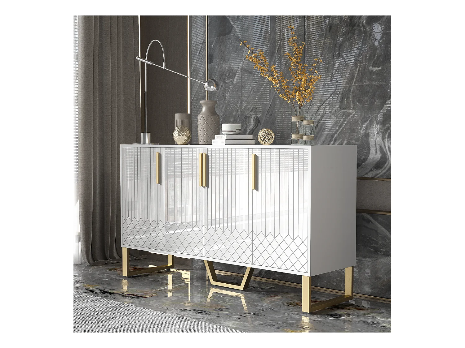 Buffet laqué 140 x 40 x 80 cm – 4 portes, poignées et pieds en métal – Design géométrique blanc pour salon