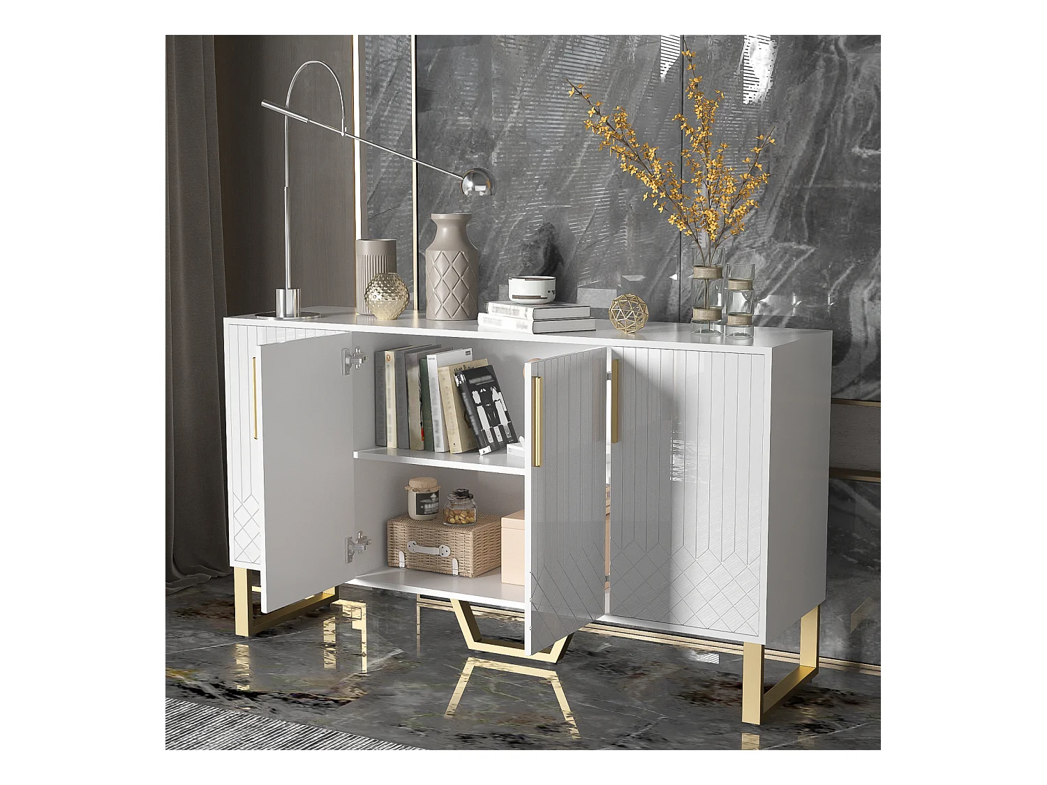 Buffet laqué 140 x 40 x 80 cm – 4 portes, poignées et pieds en métal – Design géométrique blanc pour salon