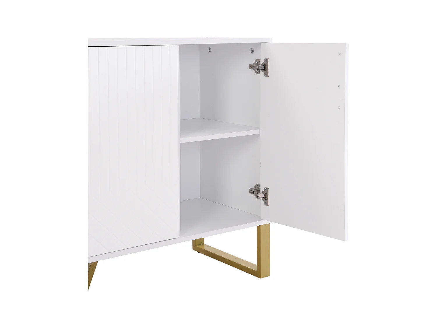 Buffet laqué 140 x 40 x 80 cm – 4 portes, poignées et pieds en métal – Design géométrique blanc pour salon