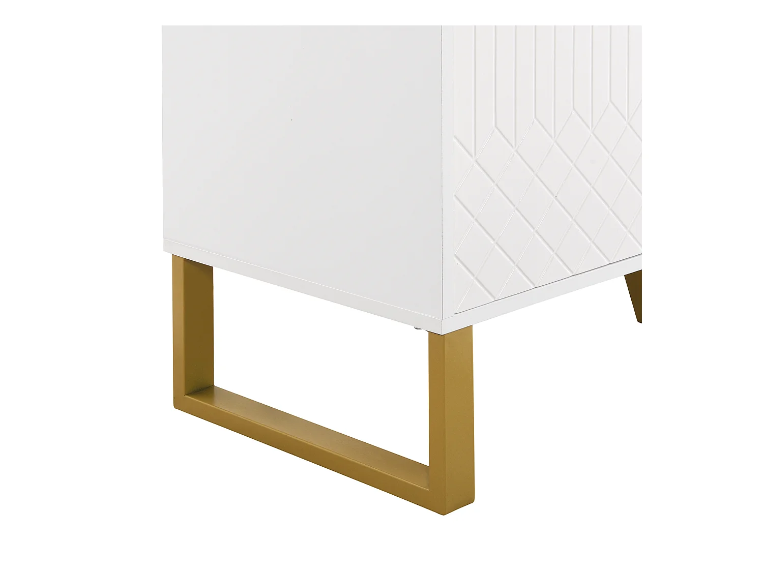 Buffet laqué 140 x 40 x 80 cm – 4 portes, poignées et pieds en métal – Design géométrique blanc pour salon