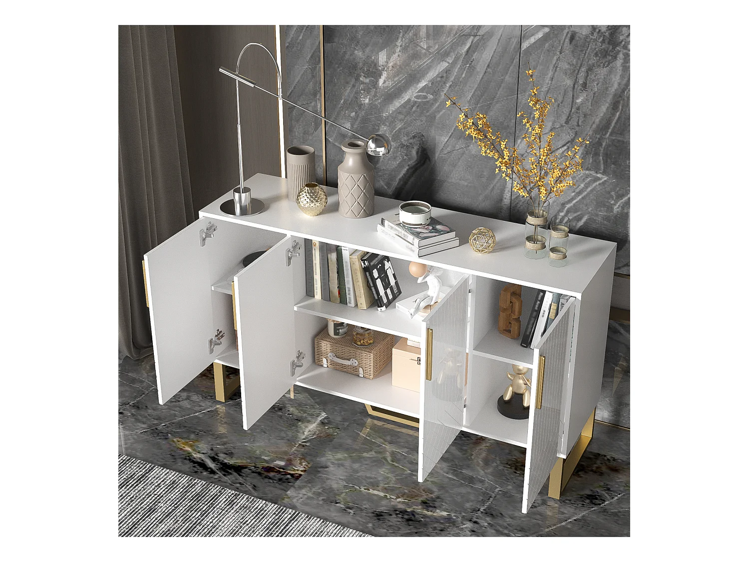 Buffet laqué 140 x 40 x 80 cm – 4 portes, poignées et pieds en métal – Design géométrique blanc pour salon