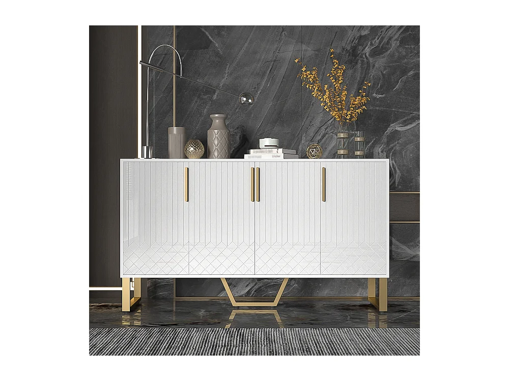 Buffet laqué 140 x 40 x 80 cm – 4 portes, poignées et pieds en métal – Design géométrique blanc pour salon