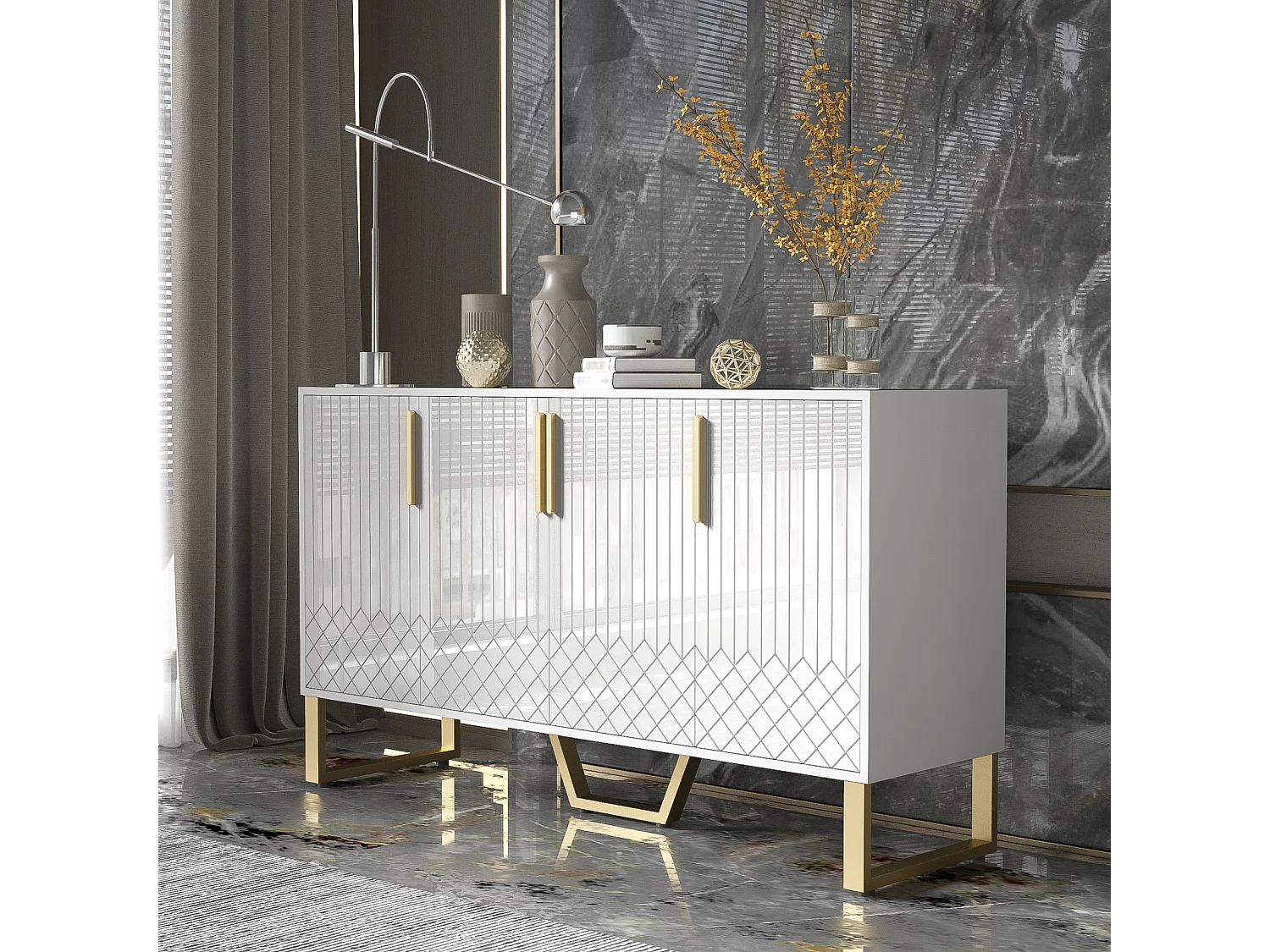 Aparador lacado 140 x 40 x 80 cm – 4 puertas, tiradores y patas de metal – Diseño geométrico blanco para salón