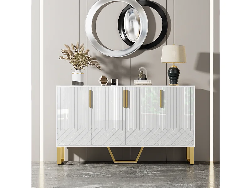 Buffet laqué 140 x 40 x 80 cm – 4 portes, poignées et pieds en métal – Design géométrique blanc pour salon