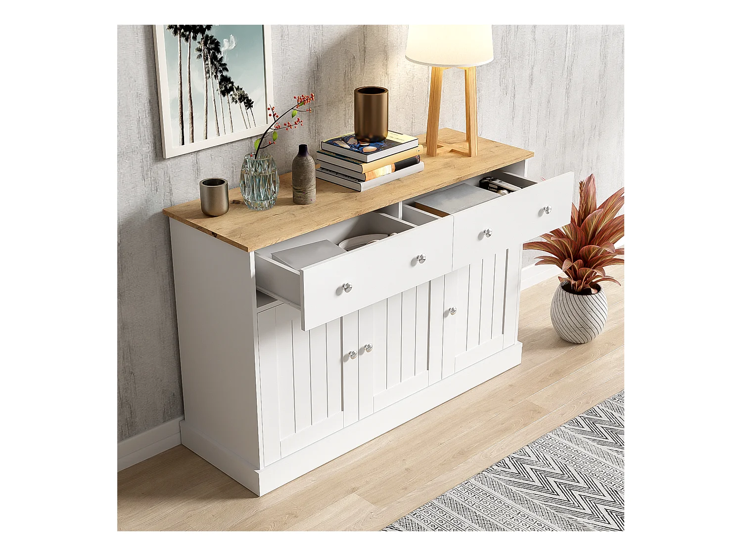 Buffet pour salon avec texture gravée – Grand espace de rangement – Commode design et élégante