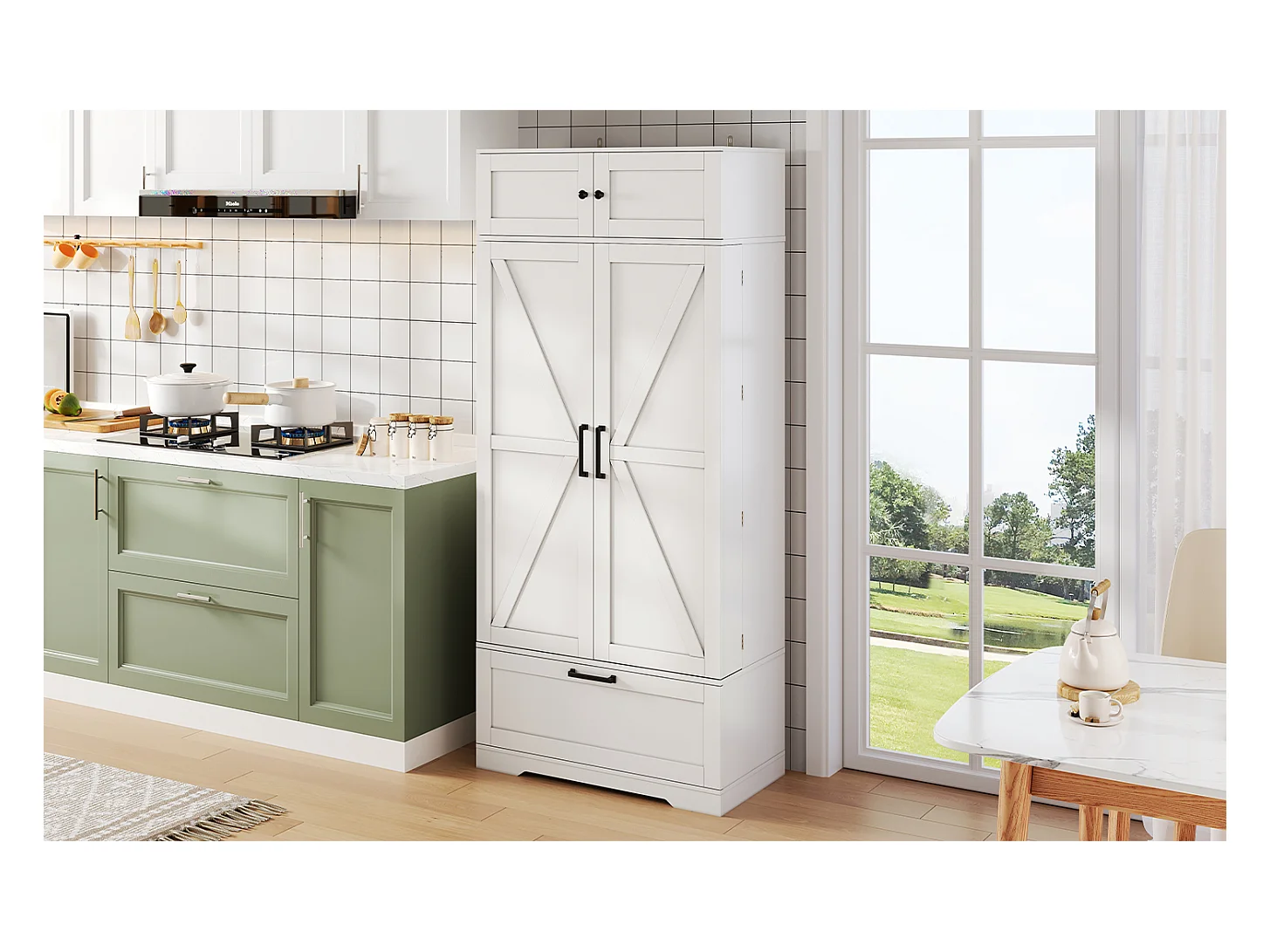 Armoire de cuisine autoportante 80×40×180 cm, étagères réglables, tiroirs, casier à vin et portes, Idéal salon ou salle à manger