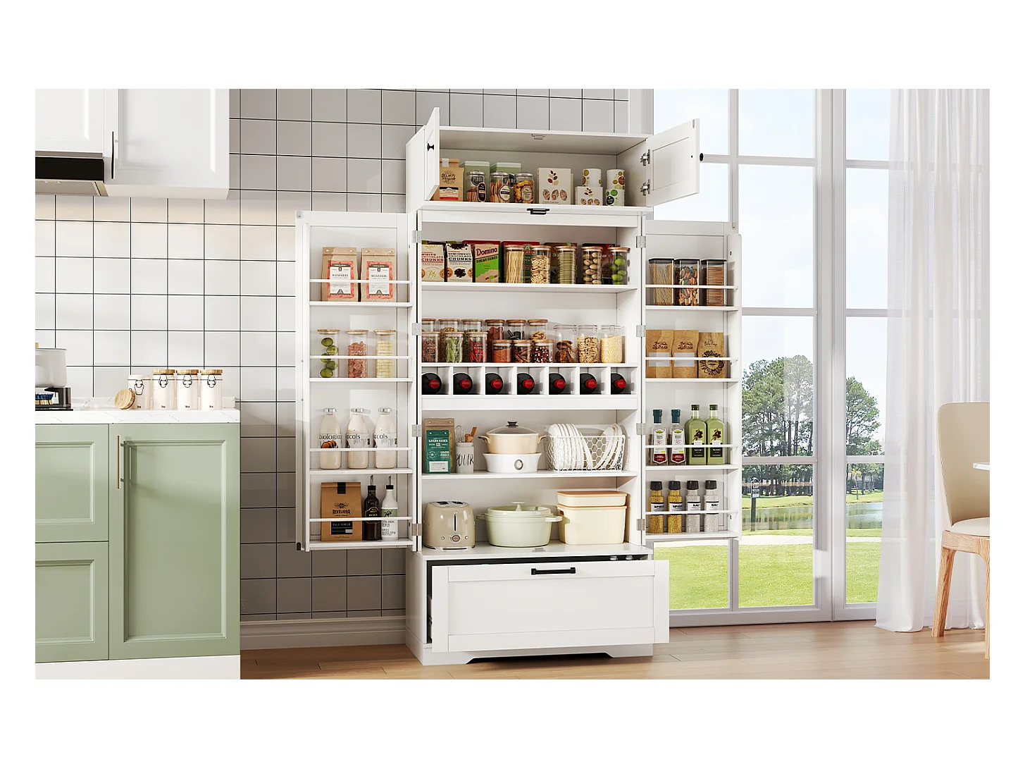 Armoire de cuisine autoportante 80×40×180 cm, étagères réglables, tiroirs, casier à vin et portes, Idéal salon ou salle à manger