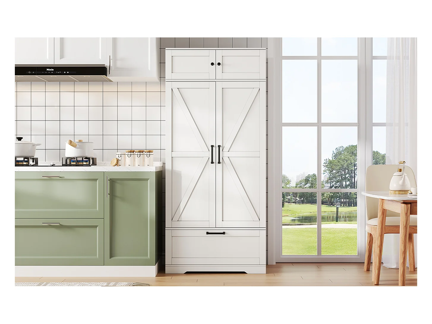 Armoire de cuisine autoportante 80×40×180 cm, étagères réglables, tiroirs, casier à vin et portes, Idéal salon ou salle à manger