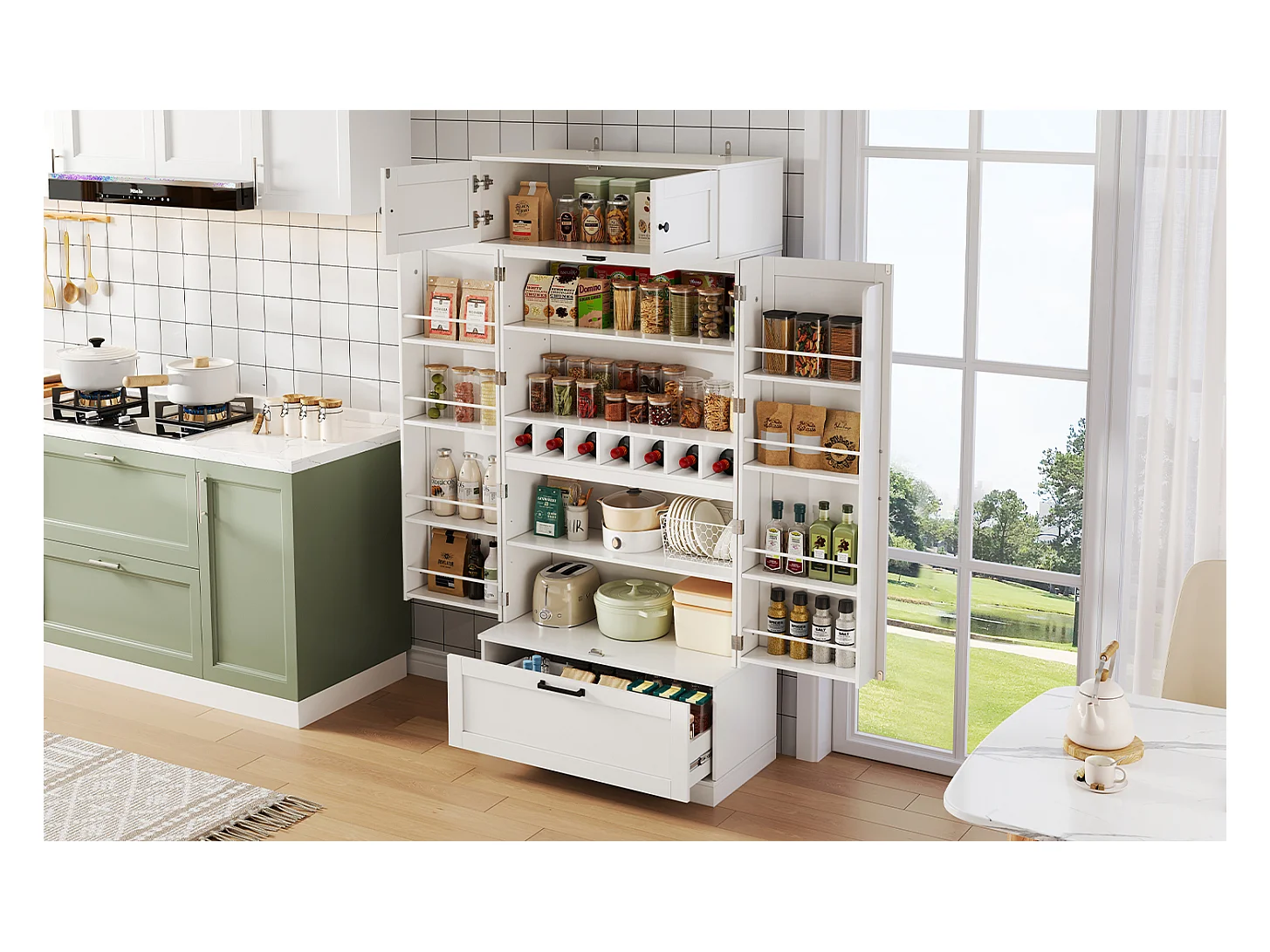 Armoire de cuisine autoportante 80×40×180 cm, étagères réglables, tiroirs, casier à vin et portes, Idéal salon ou salle à manger