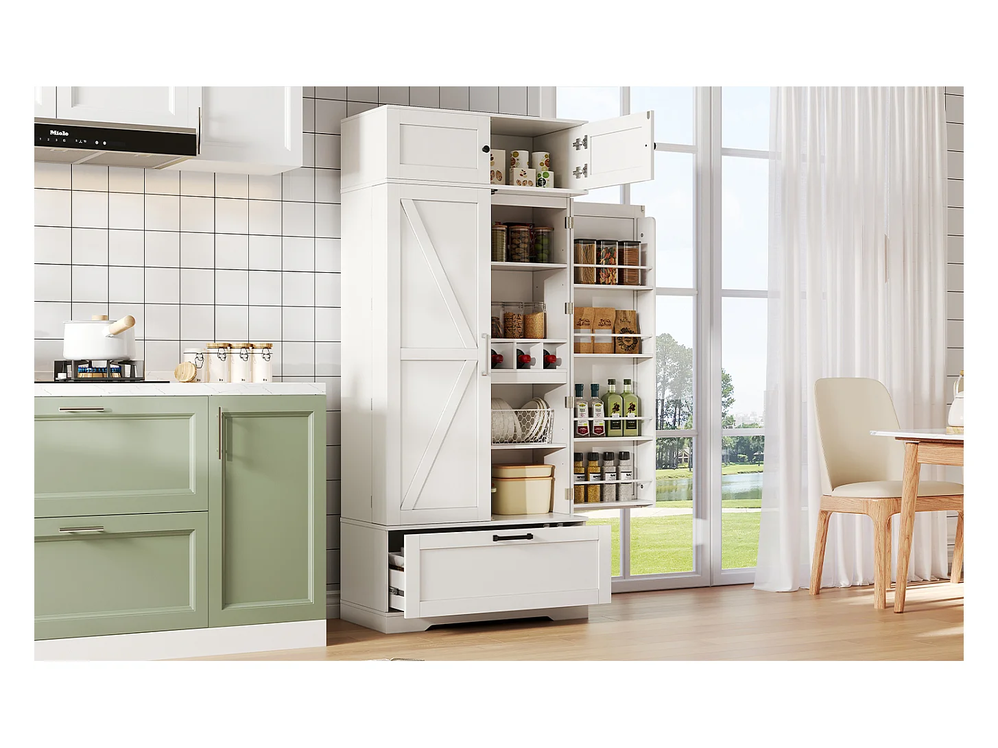 Armoire de cuisine autoportante 80×40×180 cm, étagères réglables, tiroirs, casier à vin et portes, Idéal salon ou salle à manger