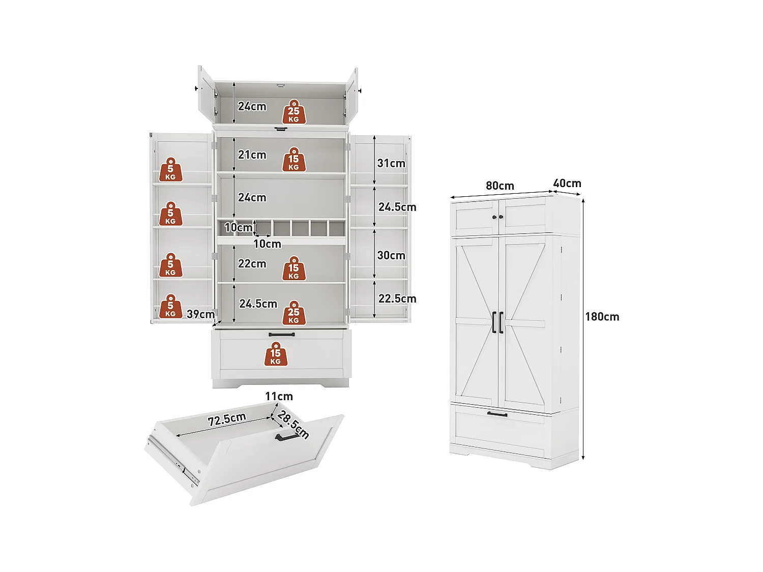 Armoire de cuisine autoportante 80×40×180 cm, étagères réglables, tiroirs, casier à vin et portes, Idéal salon ou salle à manger