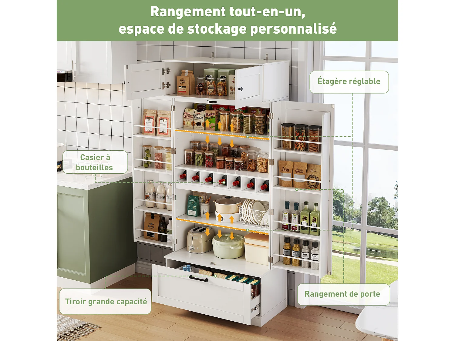 Armoire de cuisine autoportante 80×40×180 cm, étagères réglables, tiroirs, casier à vin et portes, Idéal salon ou salle à manger
