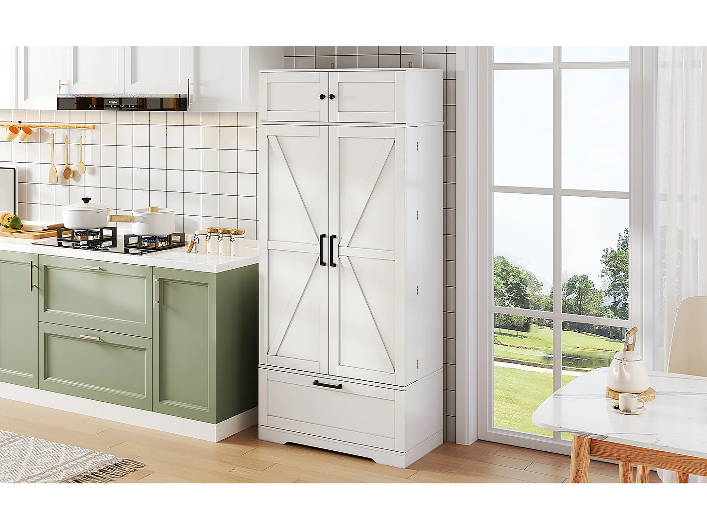 Armário de cozinha independente 80×40×180 cm, prateleiras ajustáveis, gavetas, porta-vinhos e portas, ideal para sala de estar ou sala de jantar