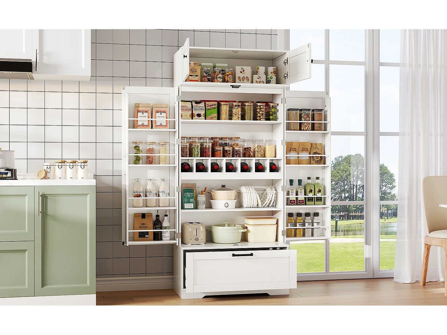 Armário de cozinha independente 80×40×180 cm, prateleiras ajustáveis, gavetas, porta-vinhos e portas, ideal para sala de estar ou sala de jantar