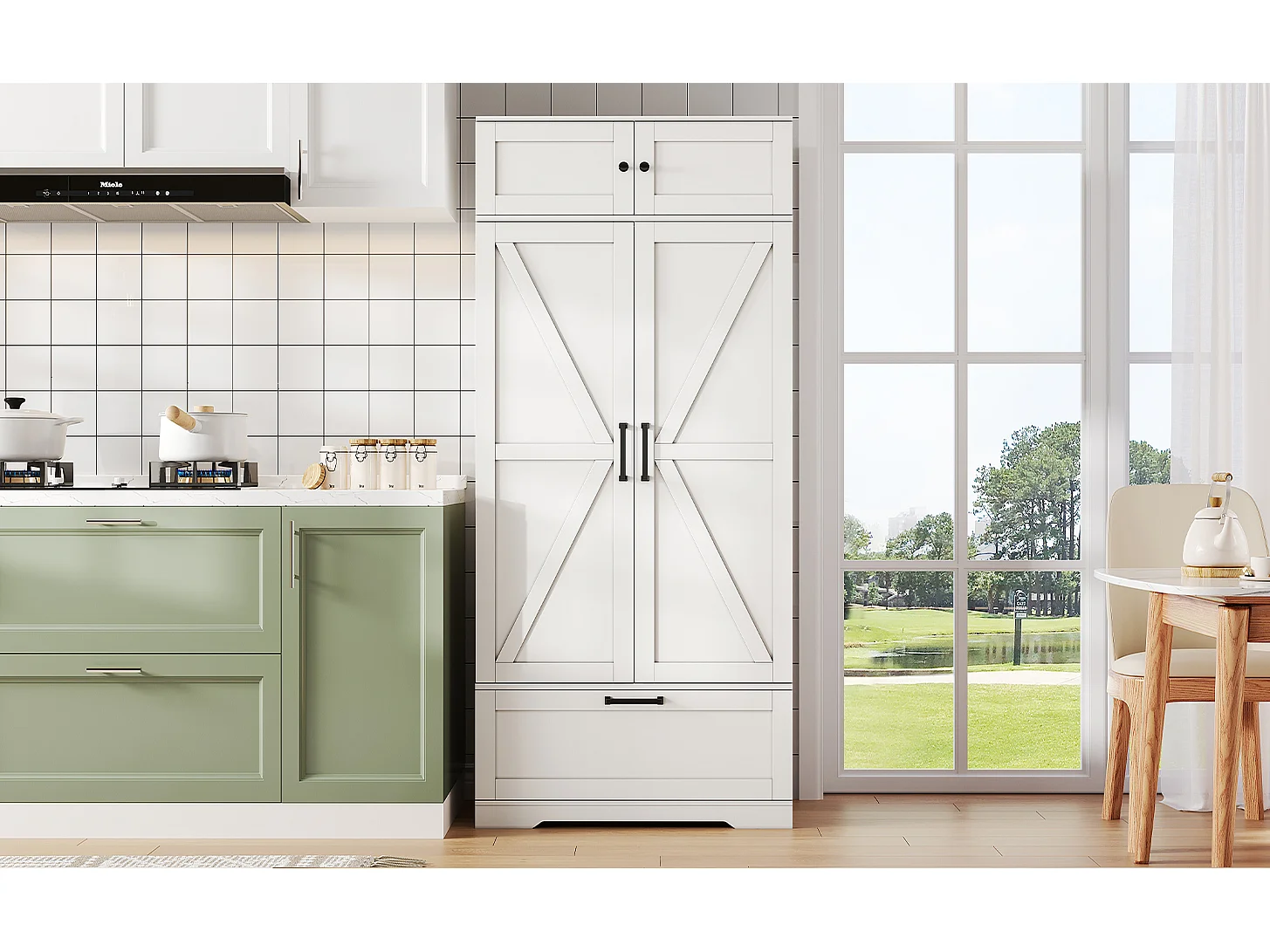 Armário de cozinha independente 80×40×180 cm, prateleiras ajustáveis, gavetas, porta-vinhos e portas, ideal para sala de estar ou sala de jantar