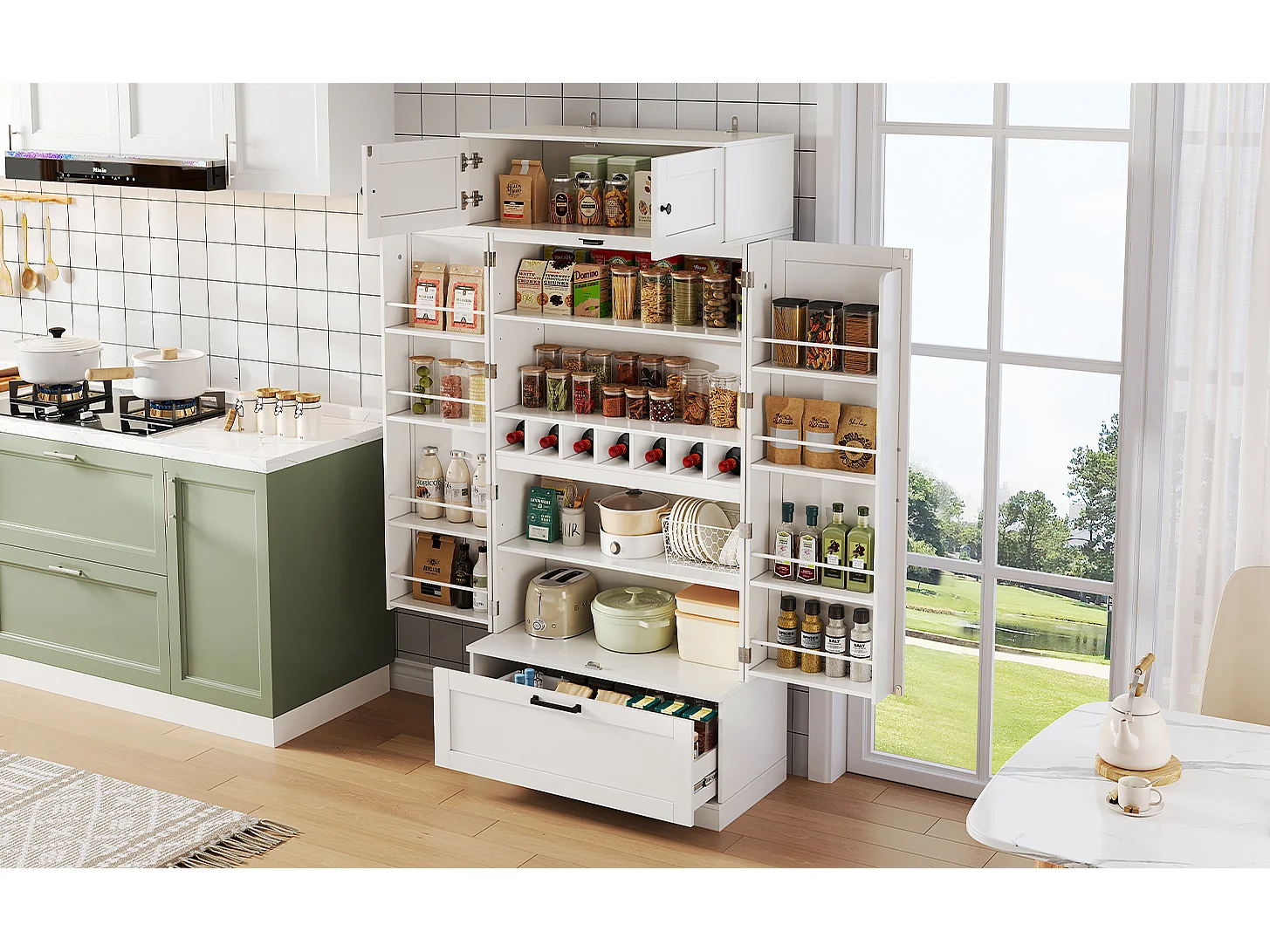 Armário de cozinha independente 80×40×180 cm, prateleiras ajustáveis, gavetas, porta-vinhos e portas, ideal para sala de estar ou sala de jantar