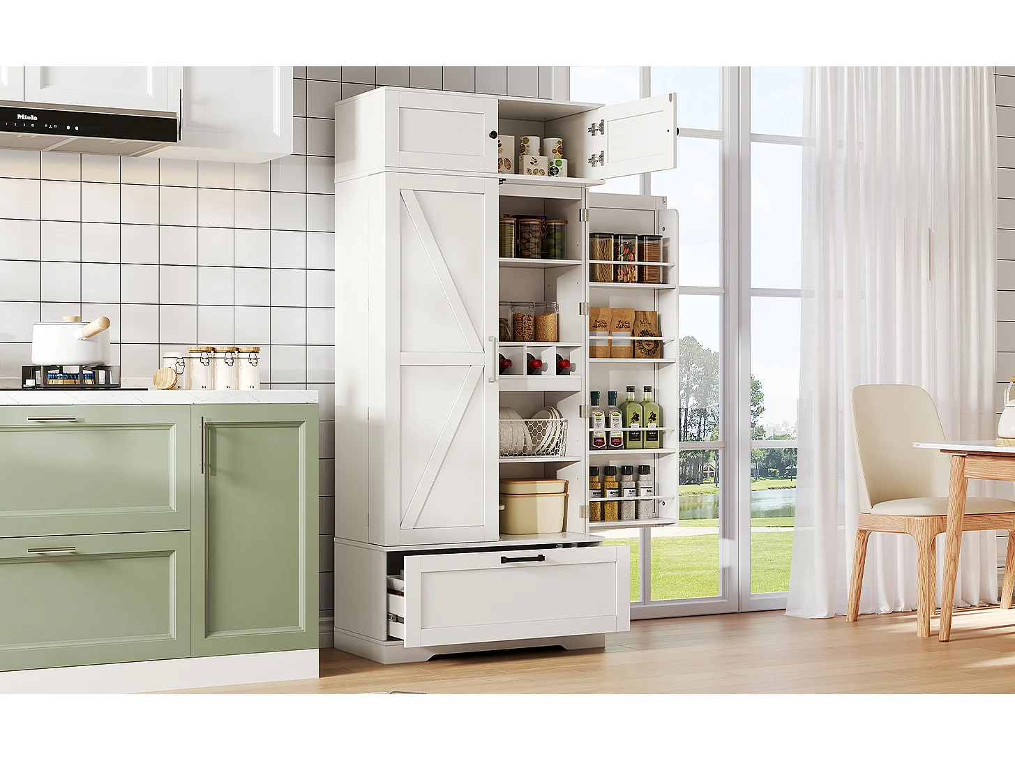 Armário de cozinha independente 80×40×180 cm, prateleiras ajustáveis, gavetas, porta-vinhos e portas, ideal para sala de estar ou sala de jantar