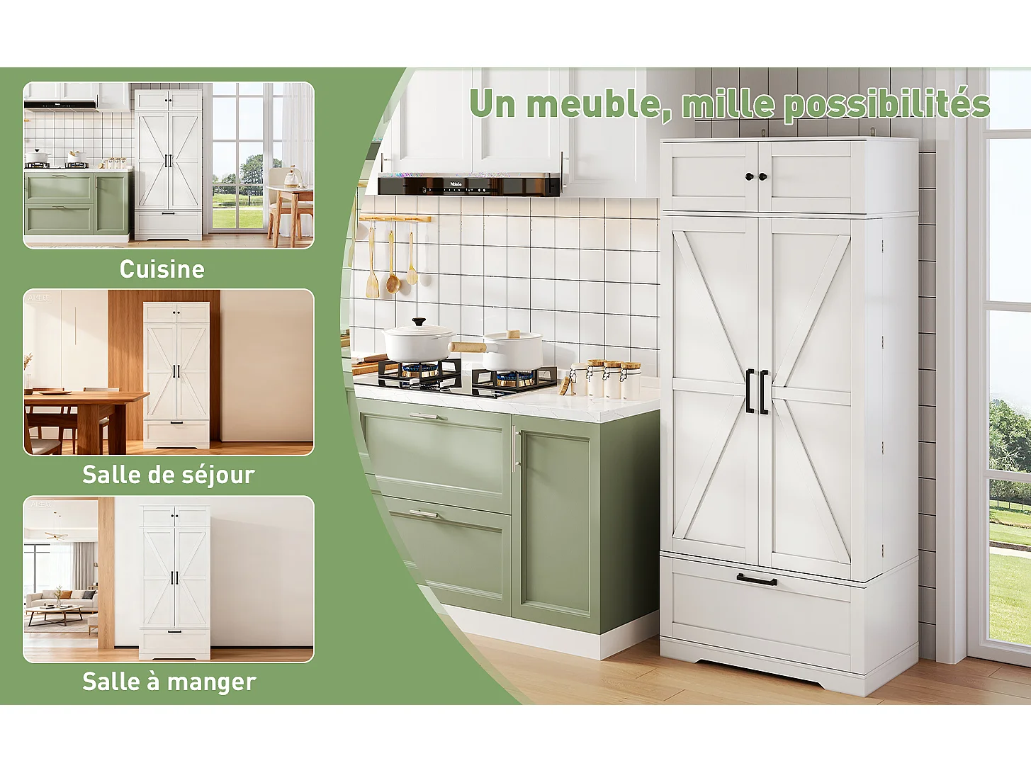 Armário de cozinha independente 80×40×180 cm, prateleiras ajustáveis, gavetas, porta-vinhos e portas, ideal para sala de estar ou sala de jantar