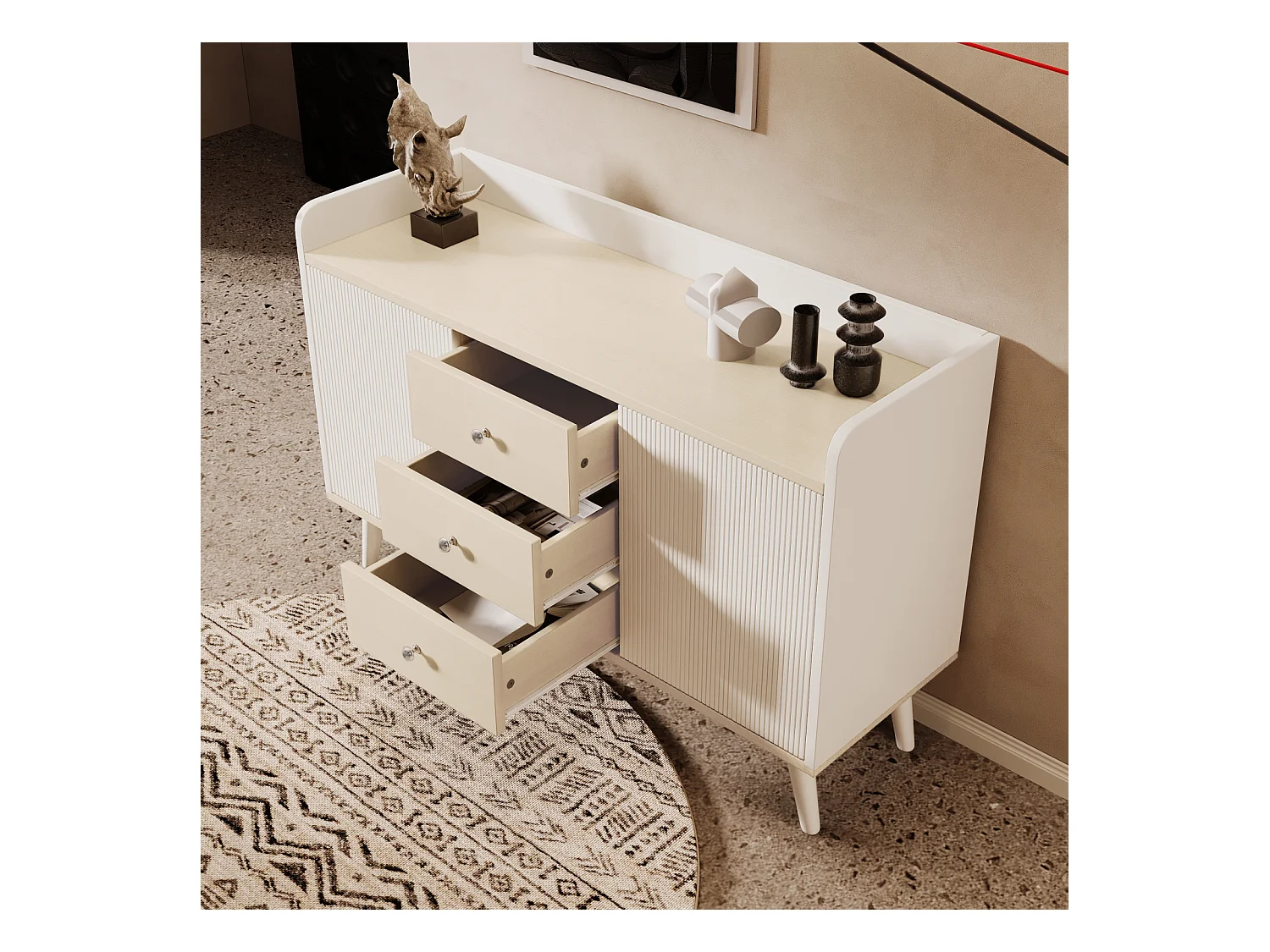 Buffet avec 3 tiroirs – Belle finition bois moderne avec étagères de rangement – Pour chambre et salon – L117,5 cm