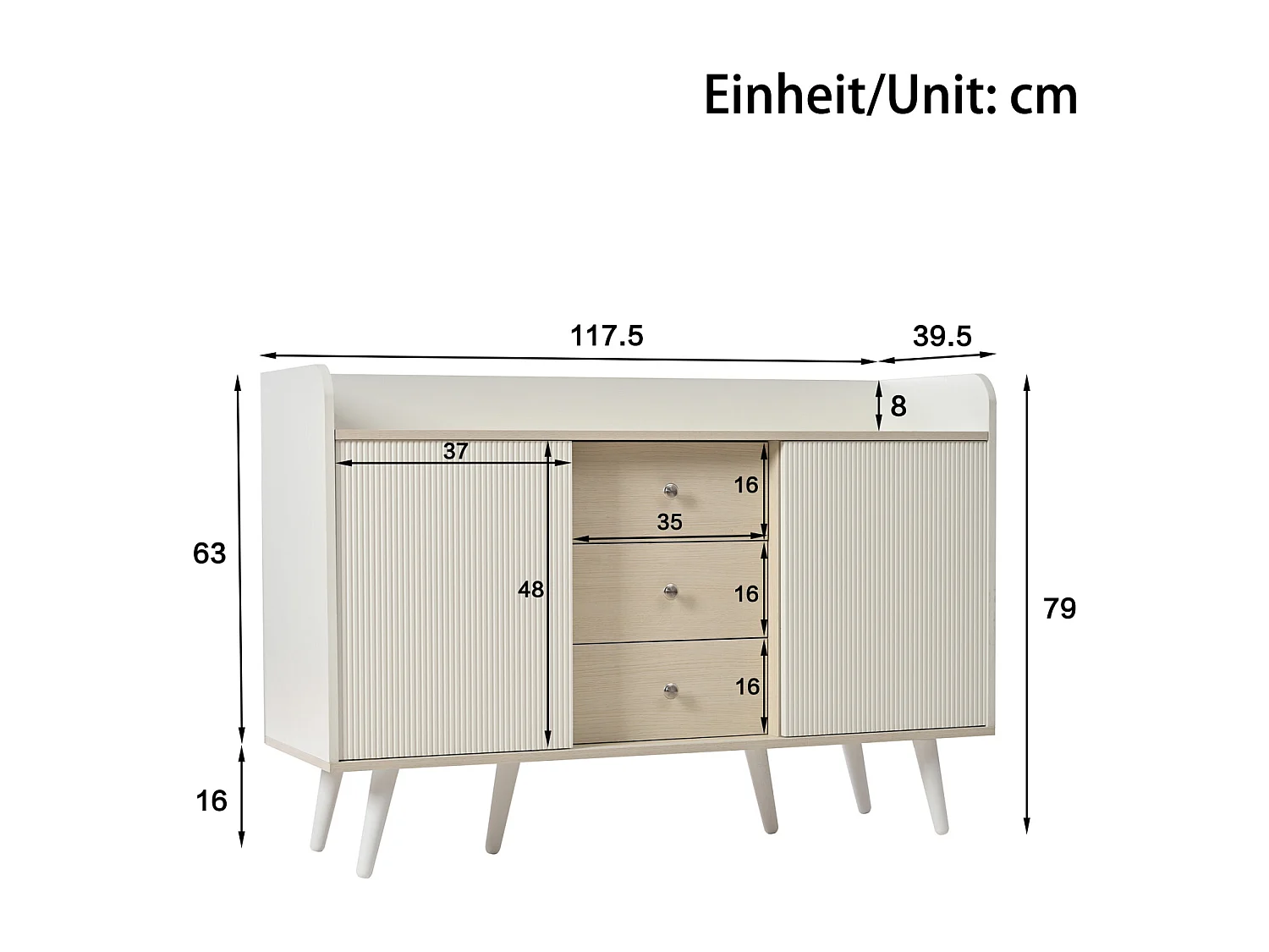 Dressoir met 3 lades - Mooie moderne houtlook met opbergplanken - Voor slaapkamer en woonkamer - L117,5 cm