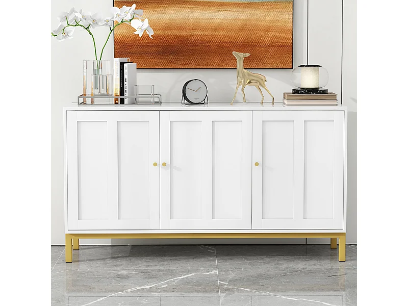 Buffet élégant 3 portes avec plateau en marbre, style moderne, idéal cuisine, salon ou salle à manger – Blanc