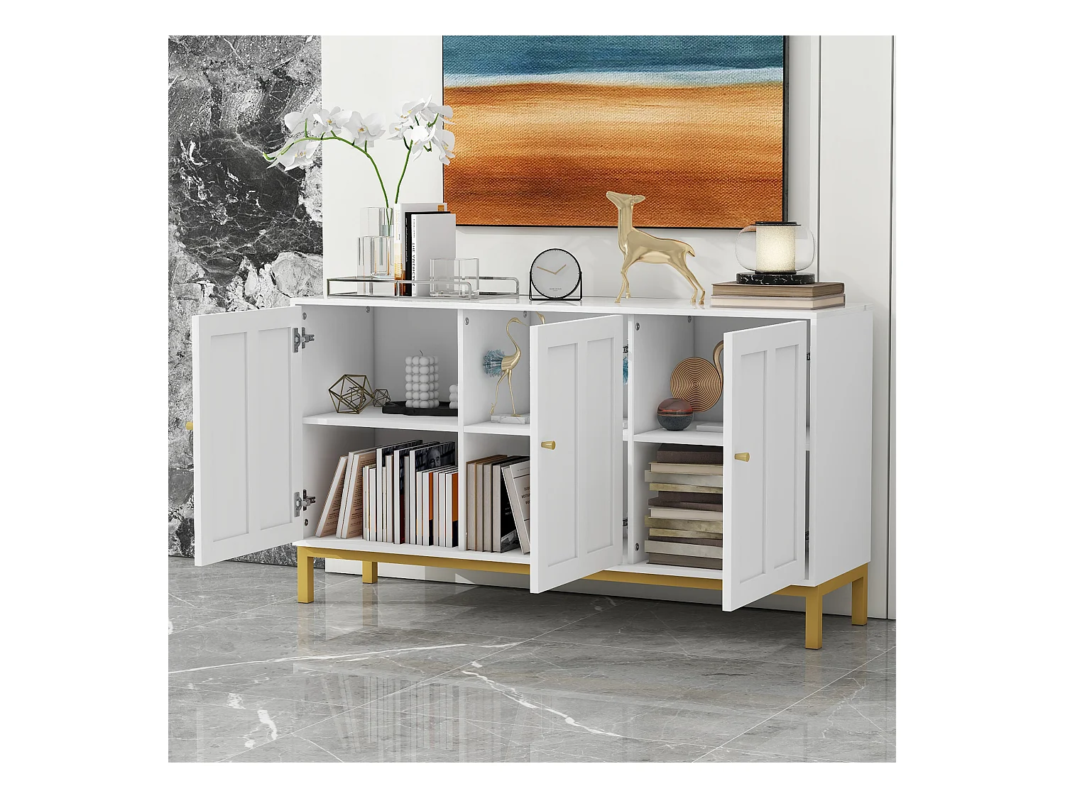 Buffet élégant 3 portes avec plateau en marbre, style moderne, idéal cuisine, salon ou salle à manger – Blanc