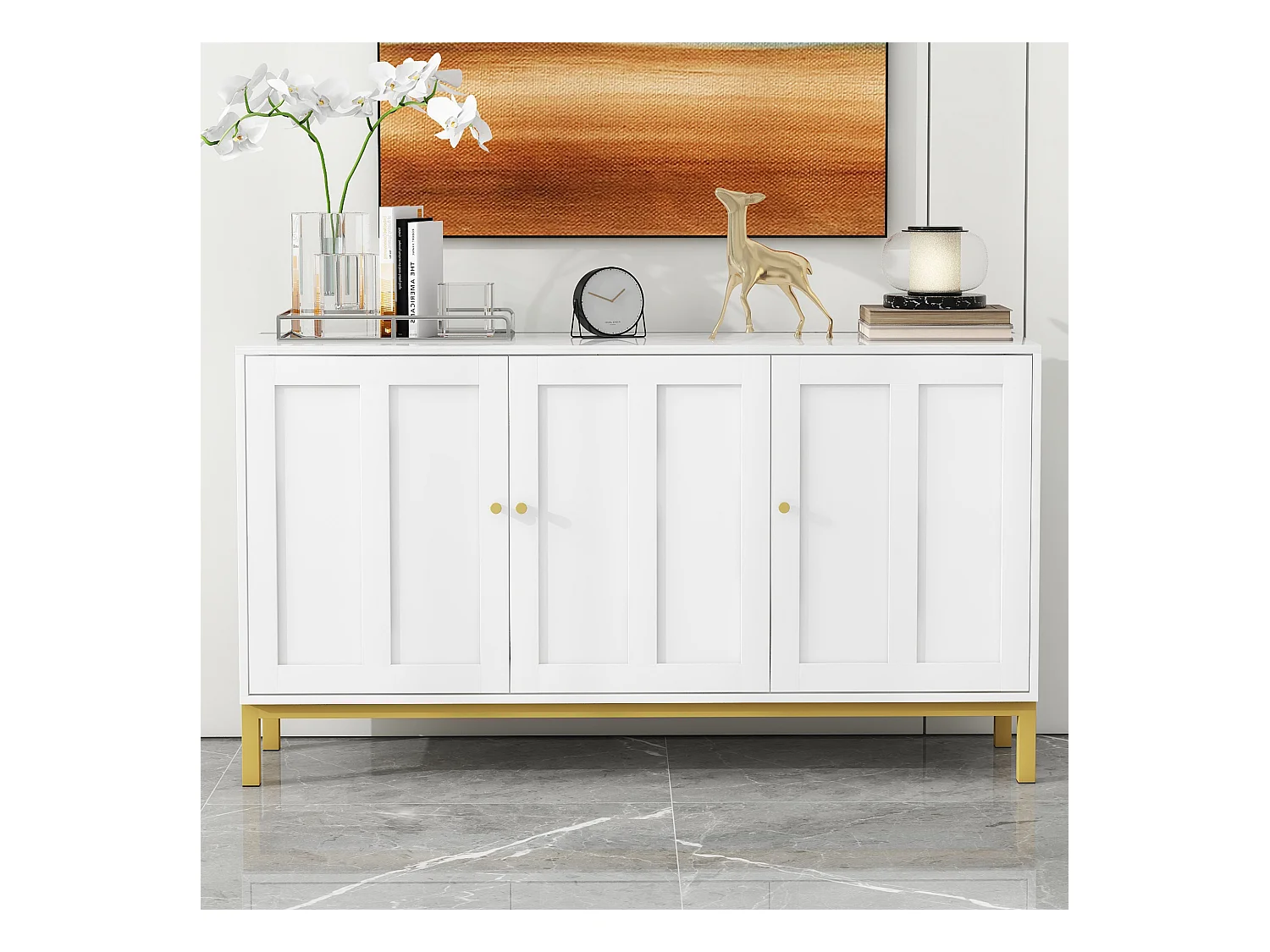 Buffet élégant 3 portes avec plateau en marbre, style moderne, idéal cuisine, salon ou salle à manger – Blanc
